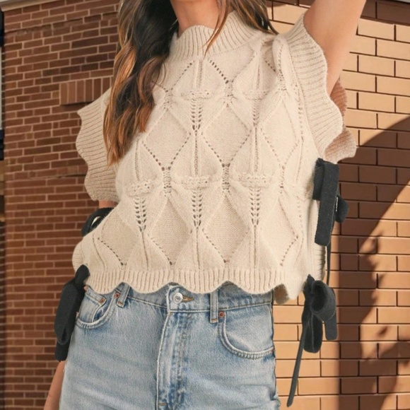 Classic High Neck Side Tie Ruffle Cap Sleeve Knit Top - Picture 1 of 5